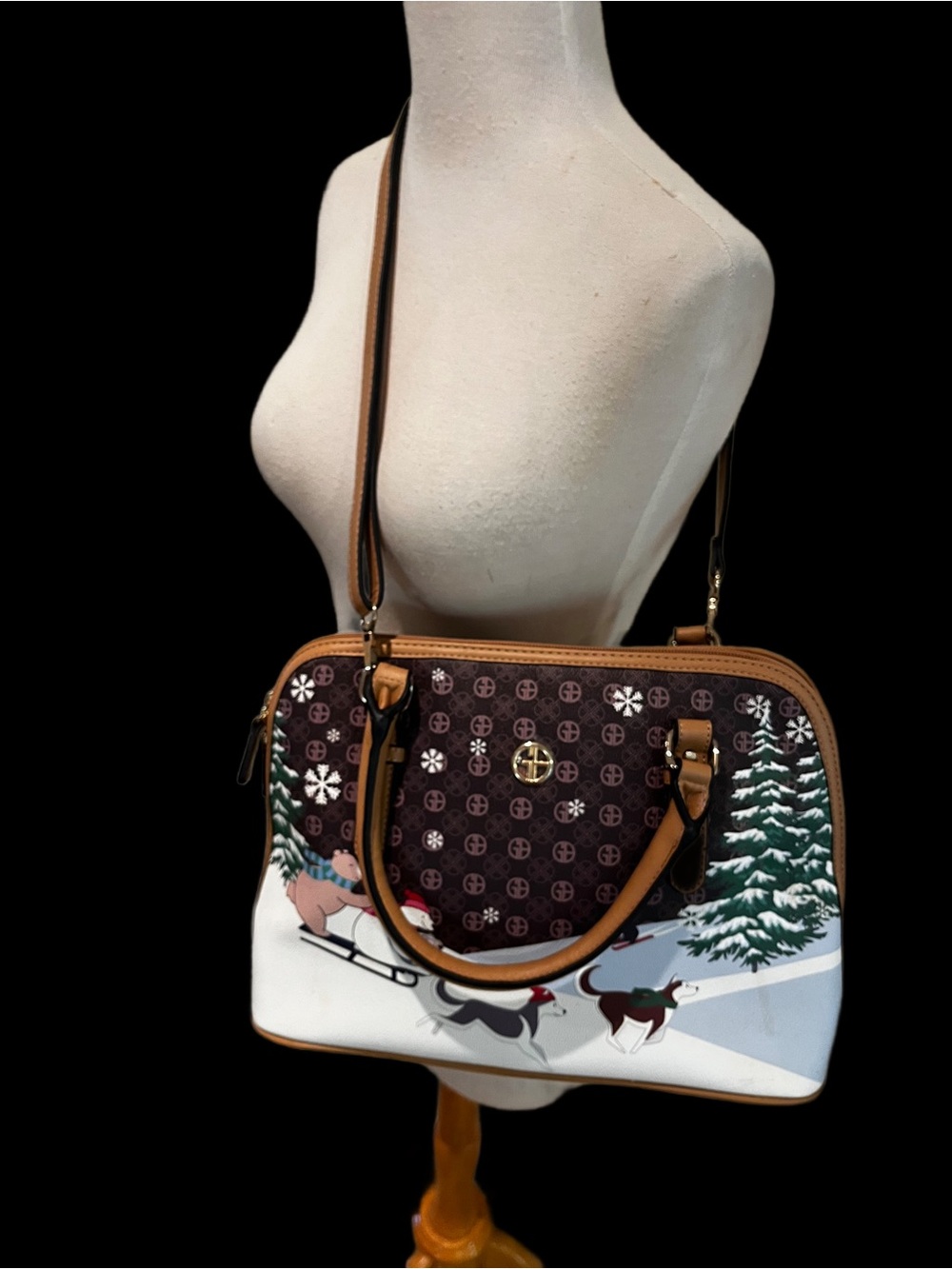 Giani Bernini CHRISTMAS Purse Brown White Multi Color Ice Skating Animals Purse